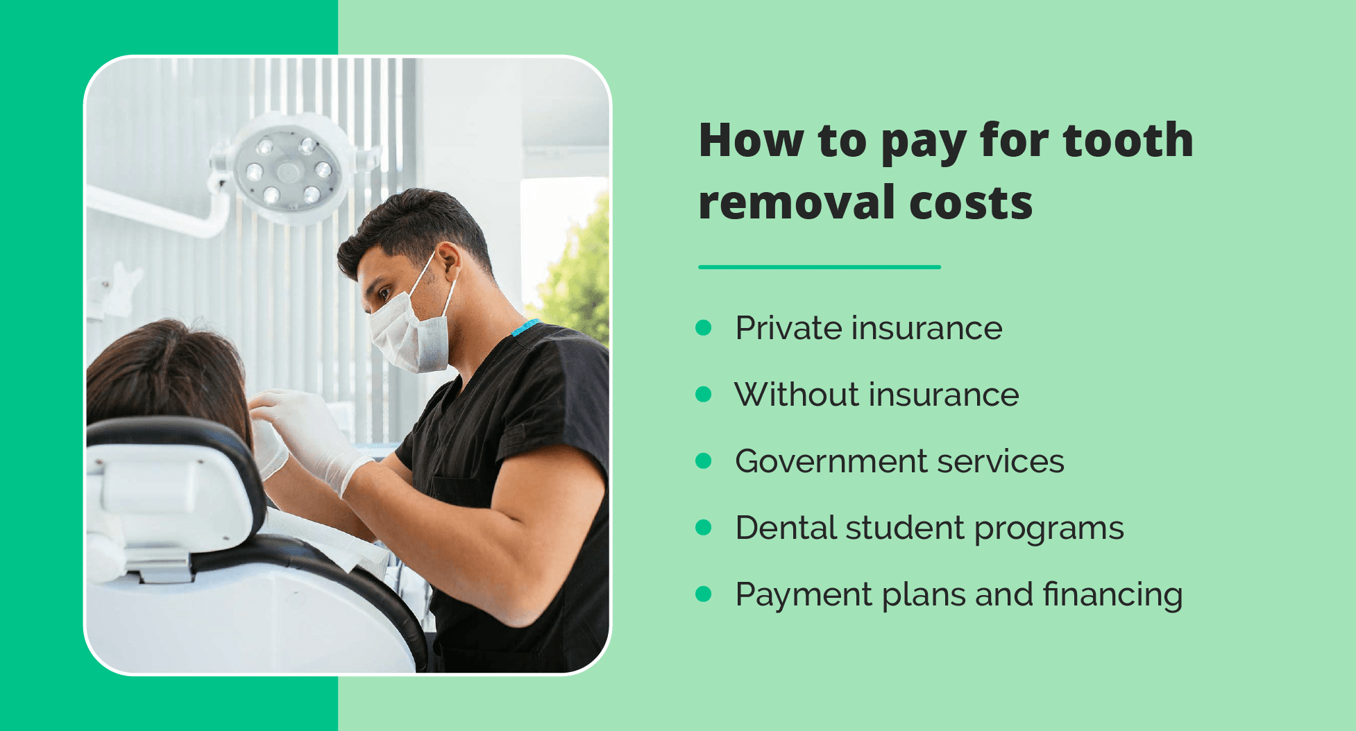 Illustration: How to pay for tooth removal costs - Private insurance; without insurance; government services; dental student programs; payment plans and financing